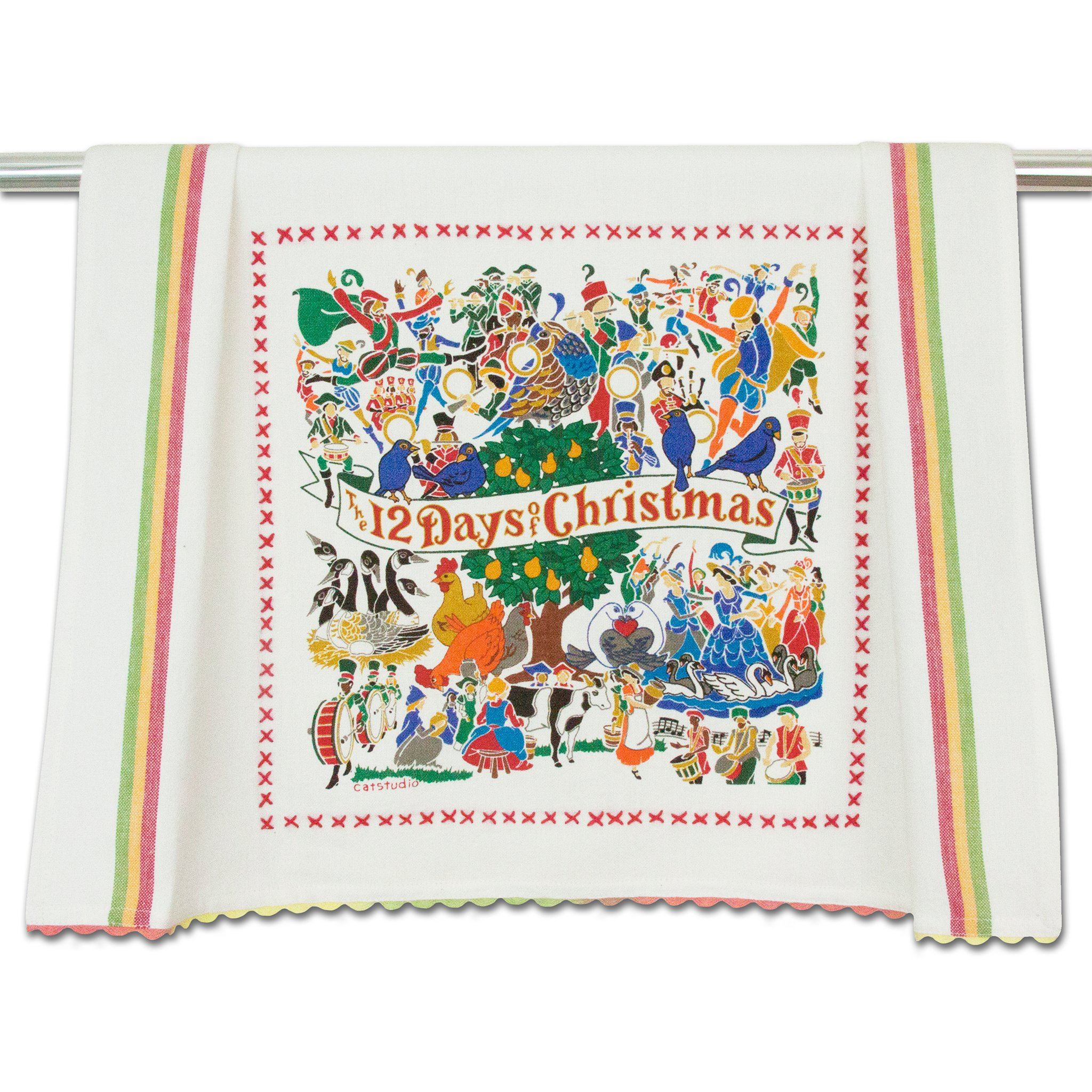 Set of Three Colorful Cotton Dish Towels with Printed Motifs, 'Sweet  Happiness