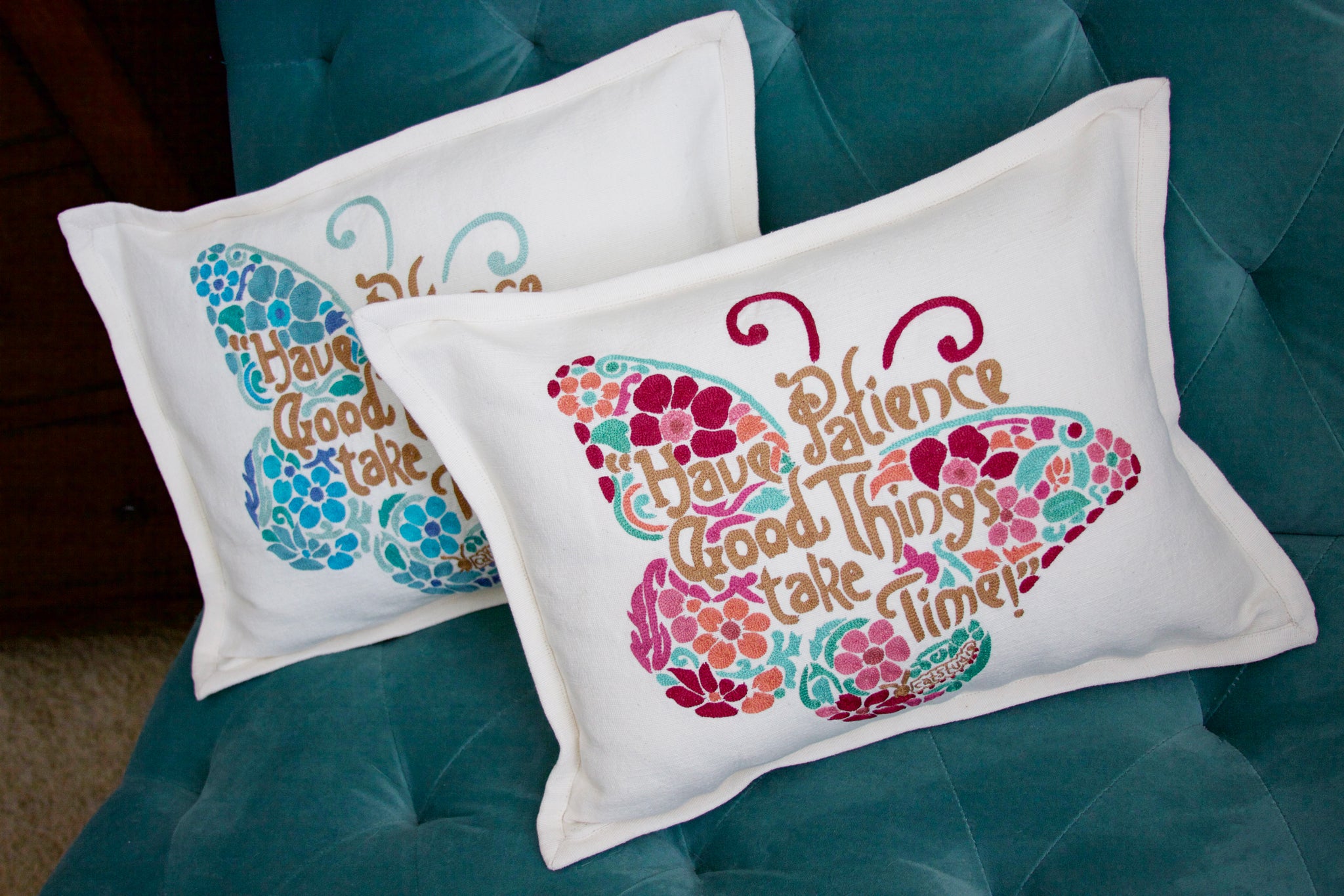 2 outlet Beautiful embroidered butterfly pillows !